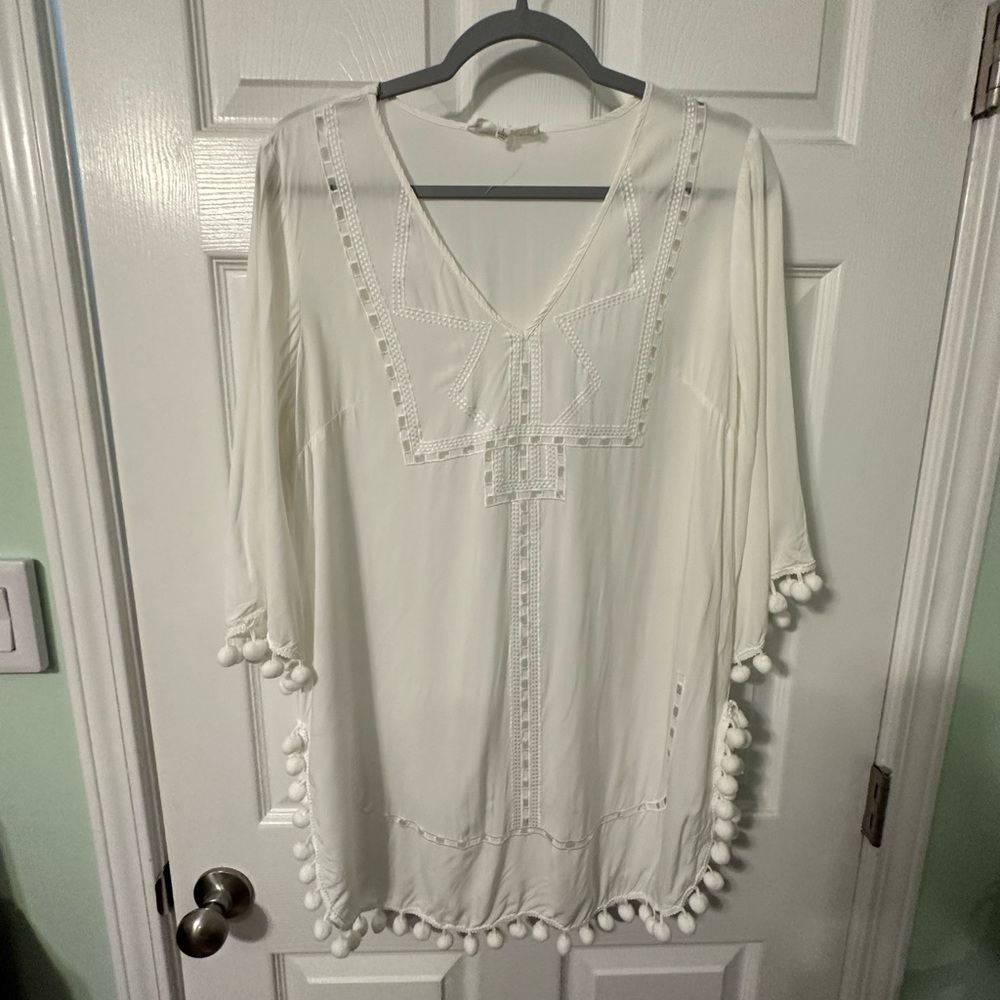 White Solitaire swim cover-up with pom-pom tassels